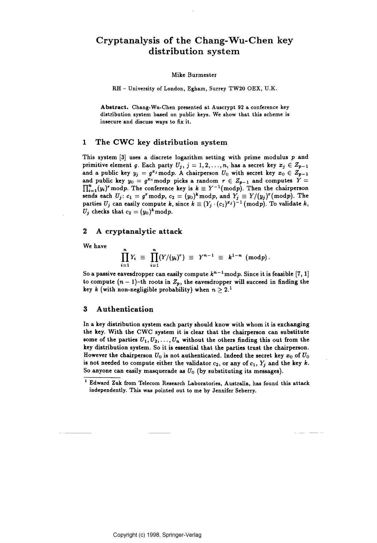 Cryptanalysis of the Chang-Wu-Chen key distribution system