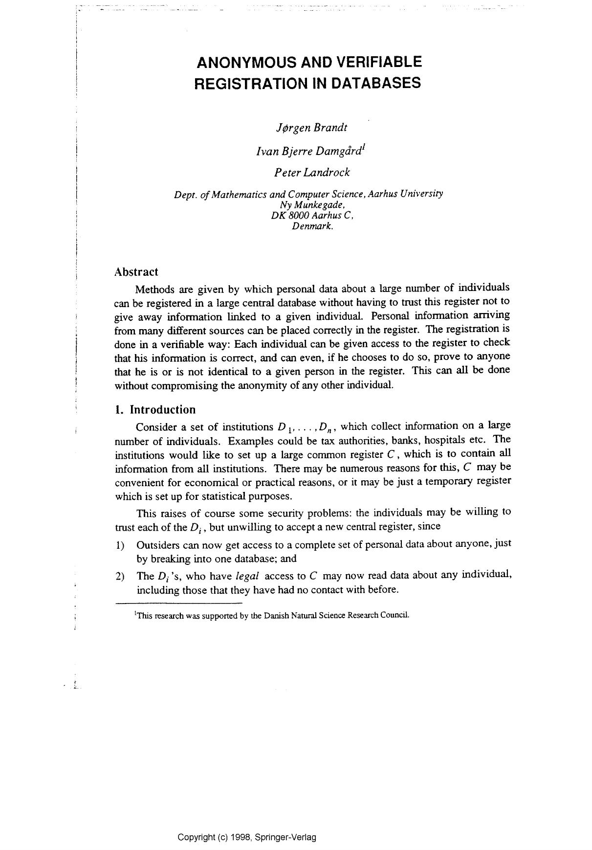 Anonymous and verifiable registration in databases