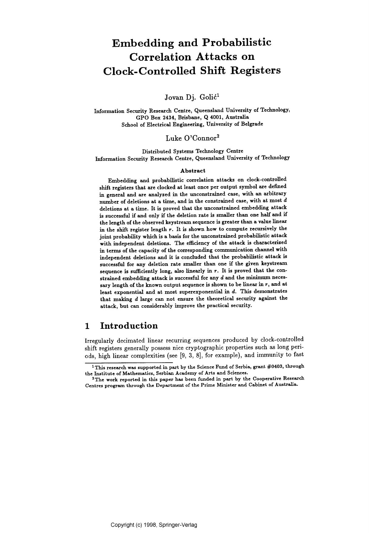 Embedding and probabilistic correlation attacks on clock-controlled shift registers
