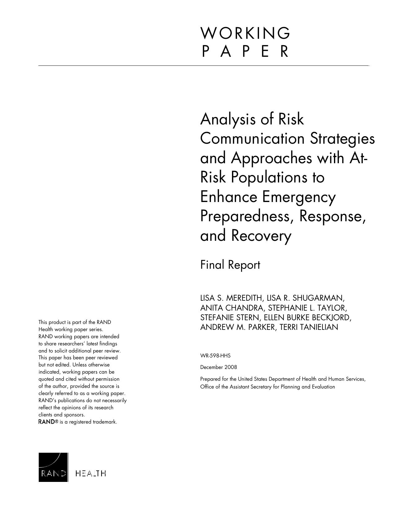 Analysis of Risk Communication Strategies and Approaches with At-Risk Populations to Enhance Emergency Preparedness, Response, and Recovery: Final Report