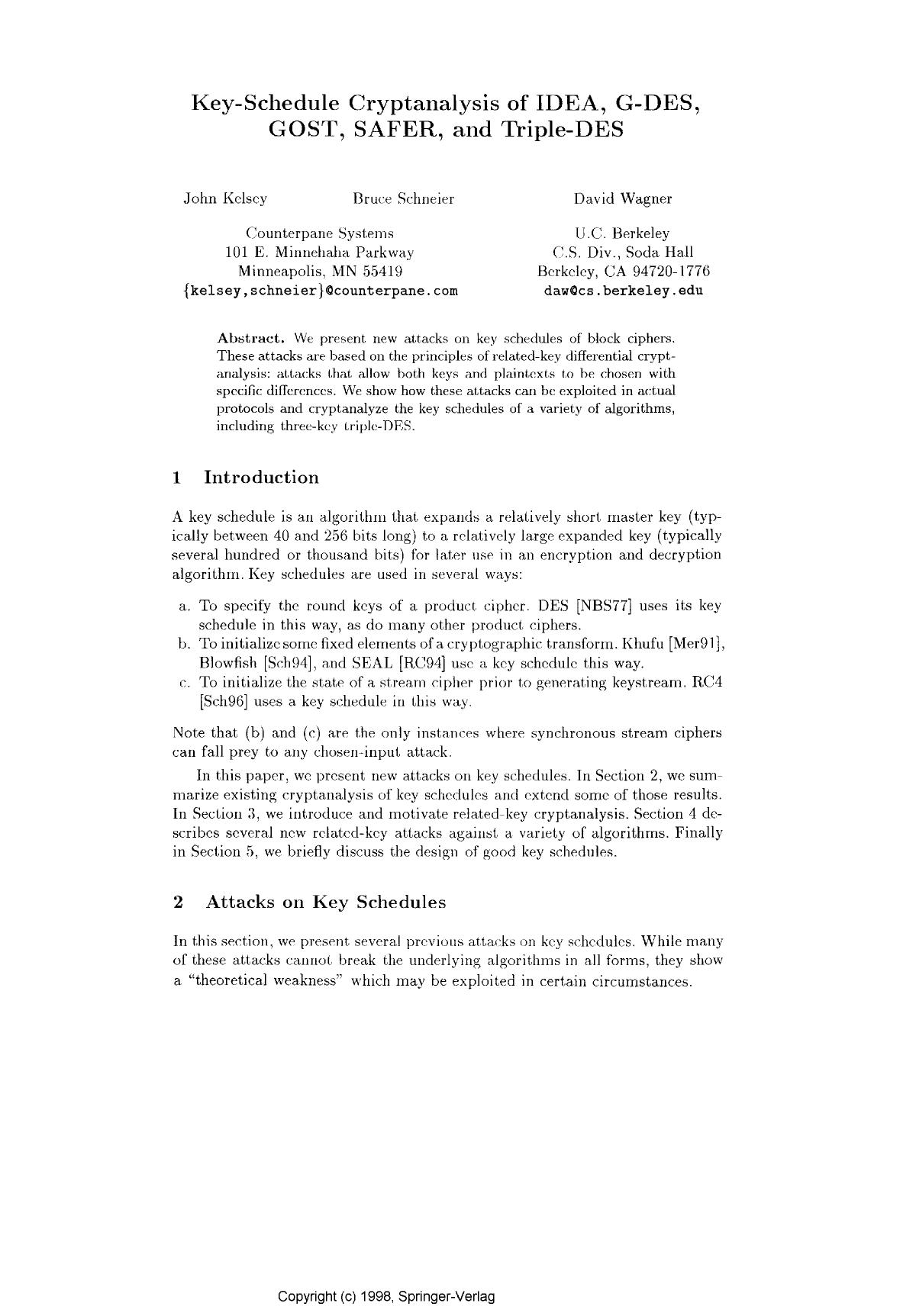 Key-Schedule Cryptanalysis of IDEA, G-DES, GOST, SAFER, and Triple-DES