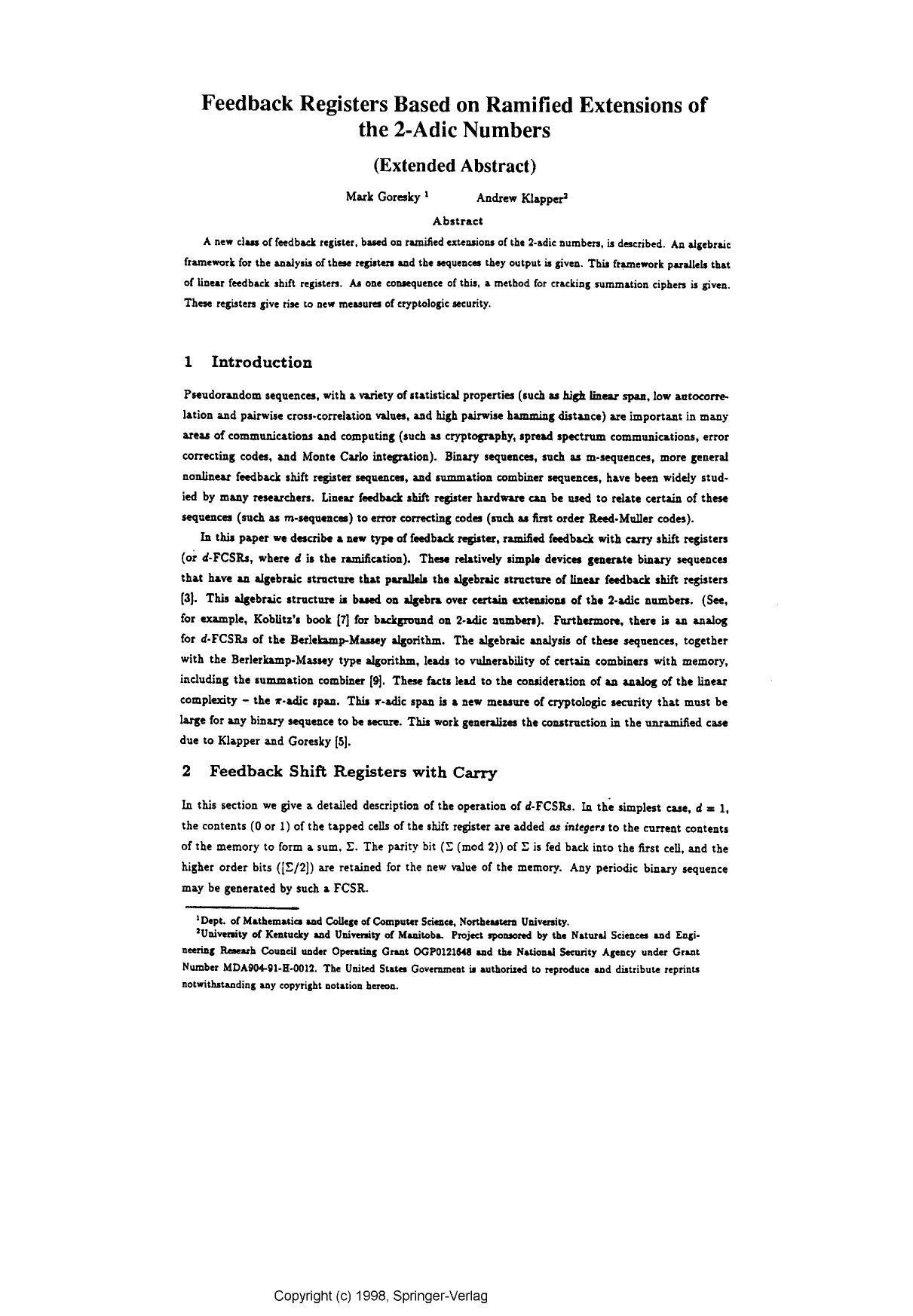 Feedback registers based on ramified extensions of the 2-adic numbers