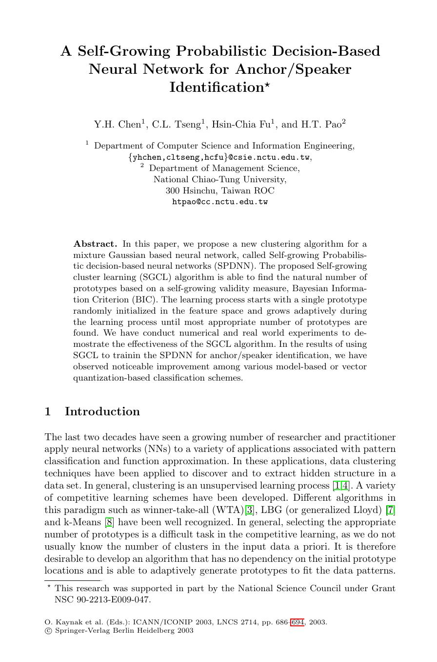 A Self-Growing Probabilistic Decision-Based Neural Network for Anchor-Speaker Identification