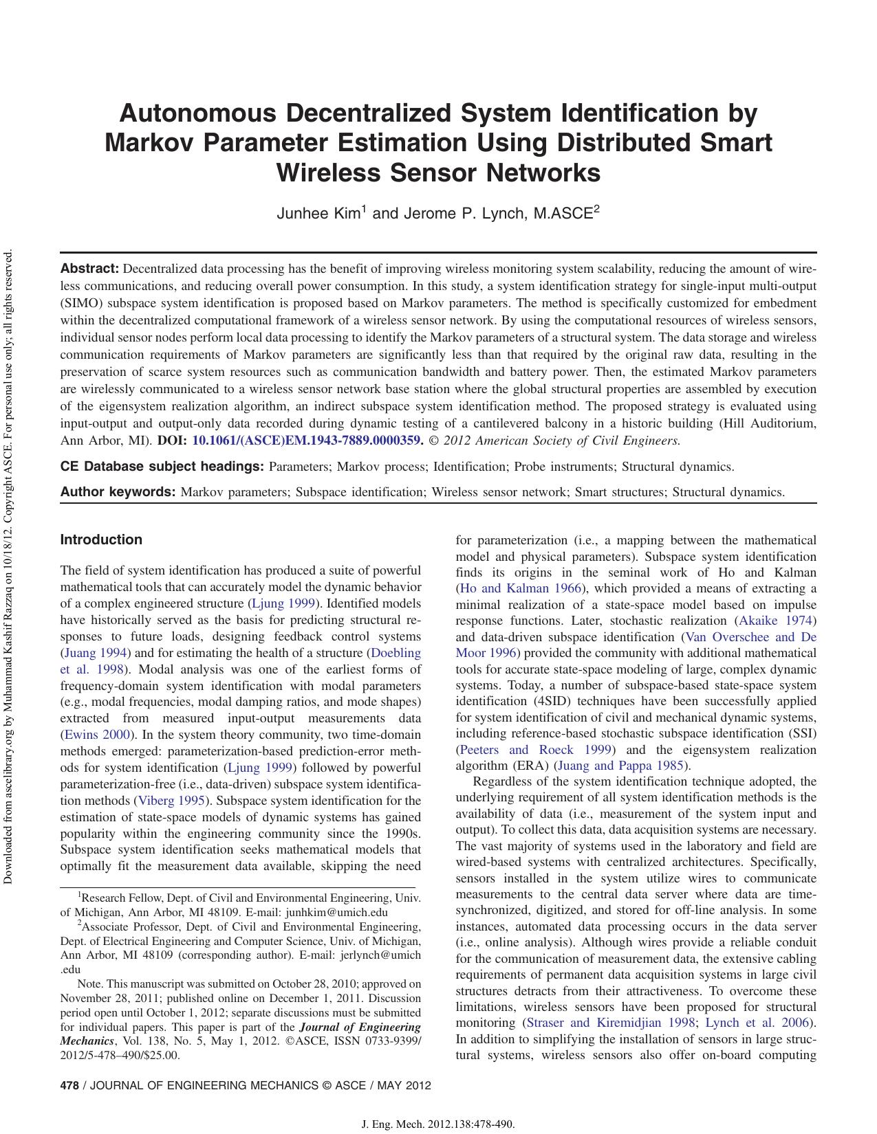 Autonomous Decentralized System Identification by Markov Parameter Estimation Using Distributed Smart Wireless Sensor Networks