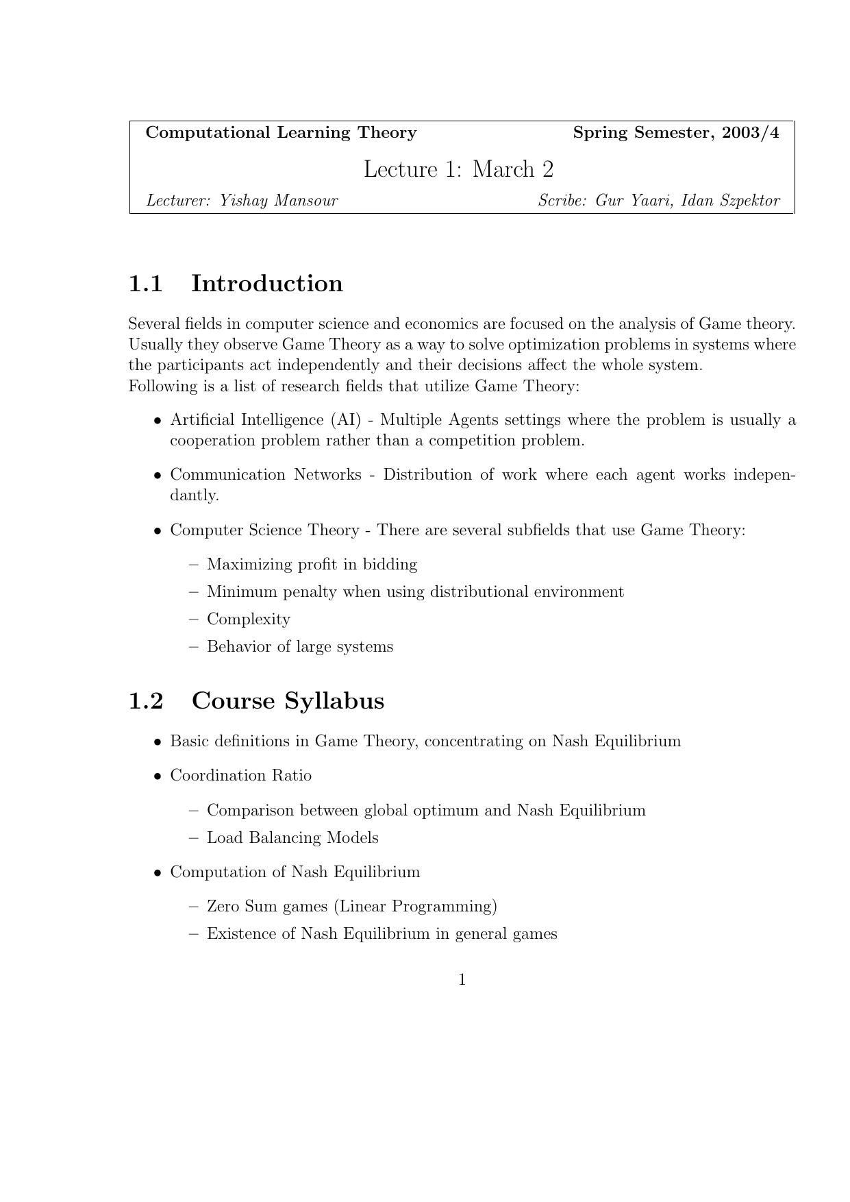 Computational Game Theory Lctn