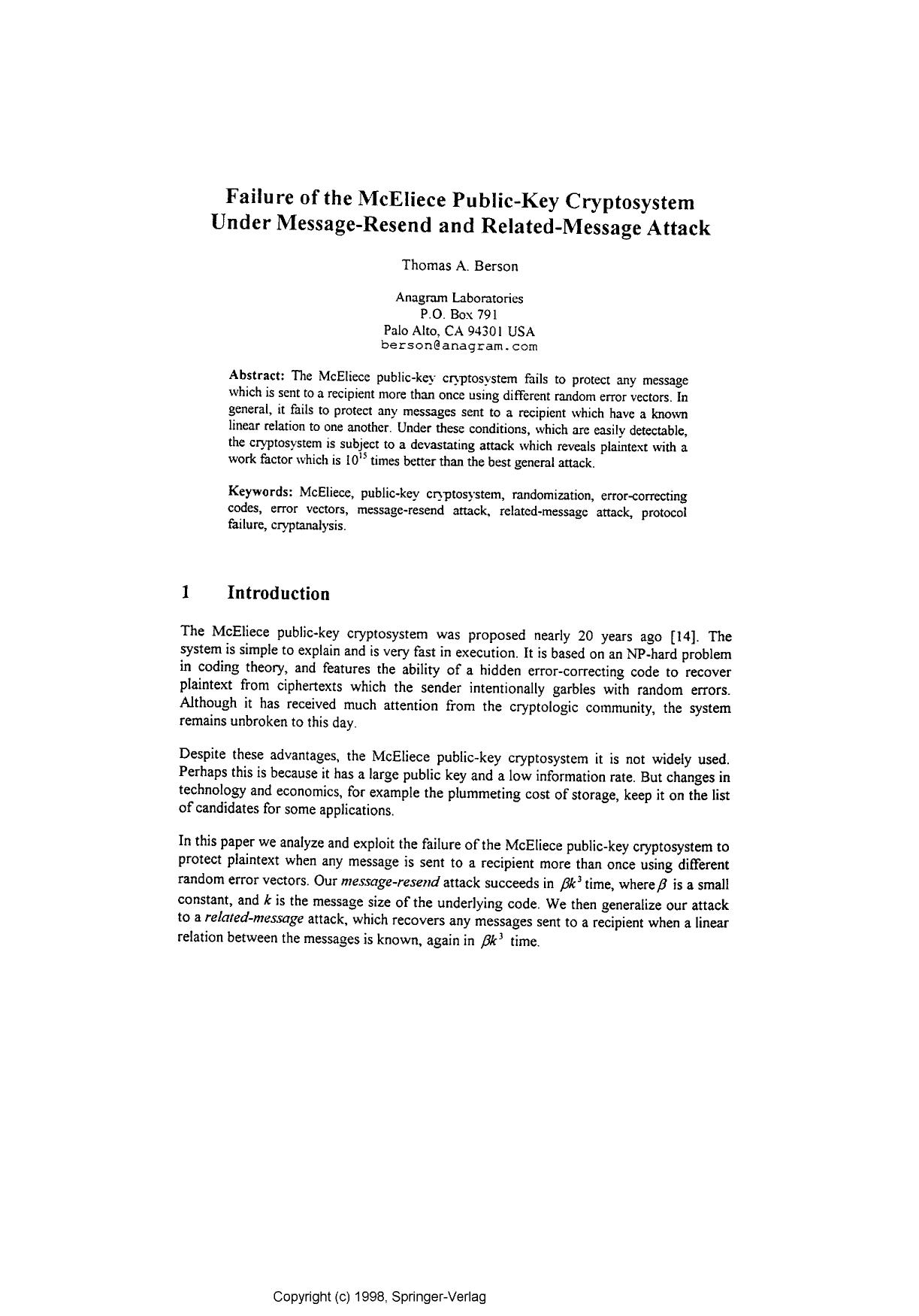 Failure of the McEliece Public-Key Cryptosystem Under Message-Resend and Related-Message Attack