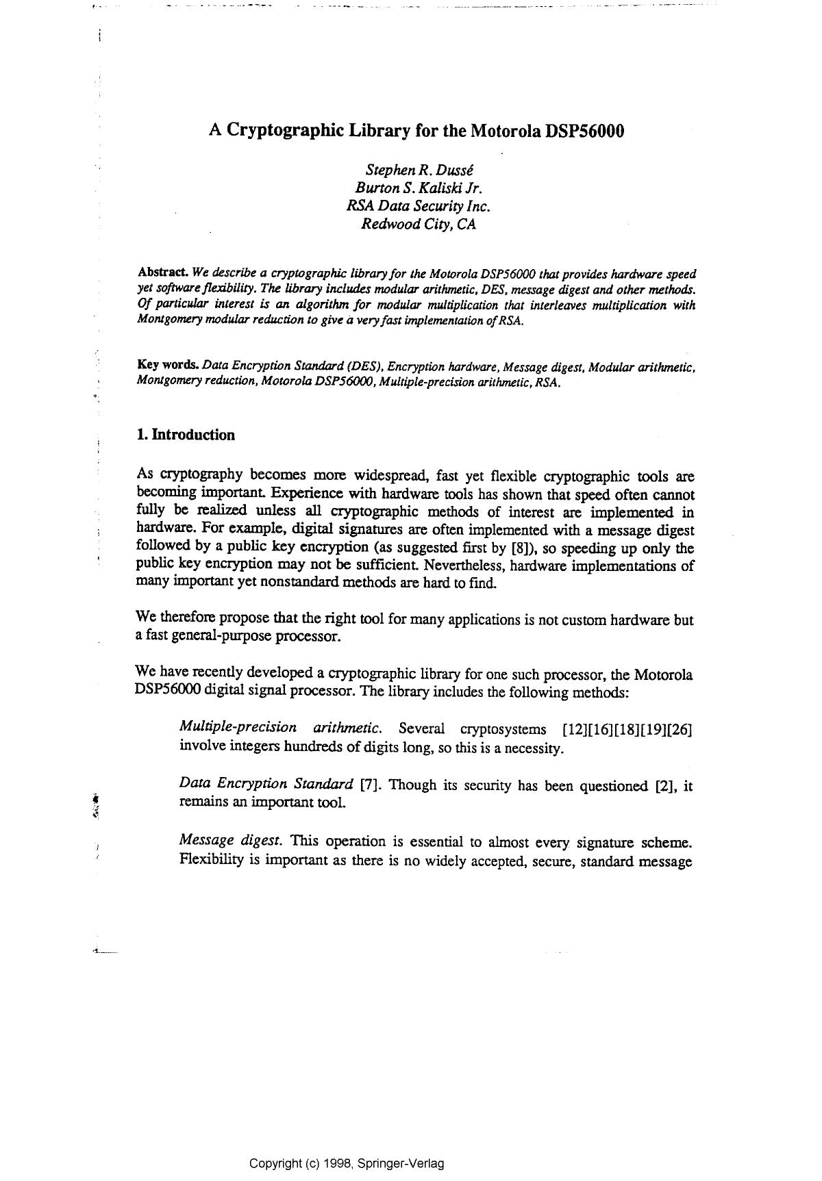 A cryptographic library for the Motorola DSP 56000