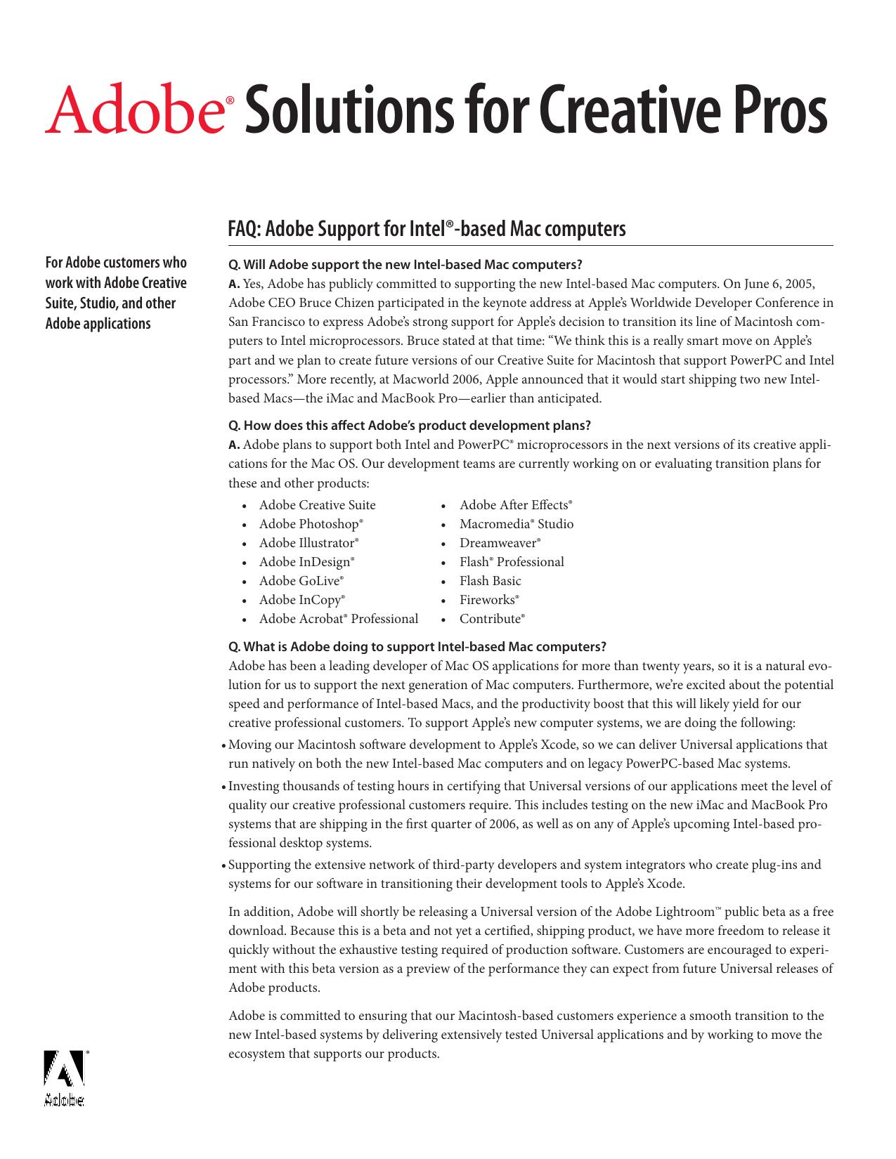 Frequently Asked Questions about Adobe's Support for Intel-based Macs