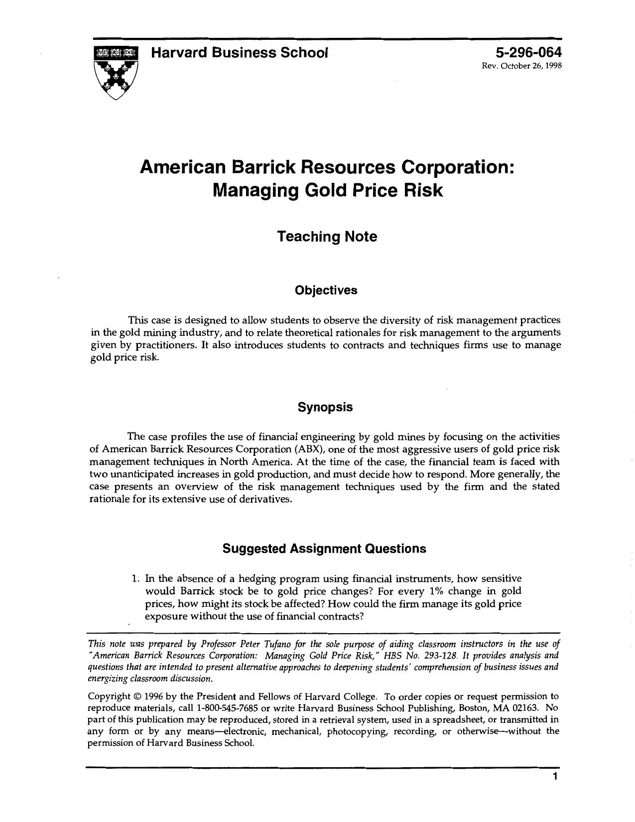 American Barrick Resources Corporation: Managing Gold Price Risk