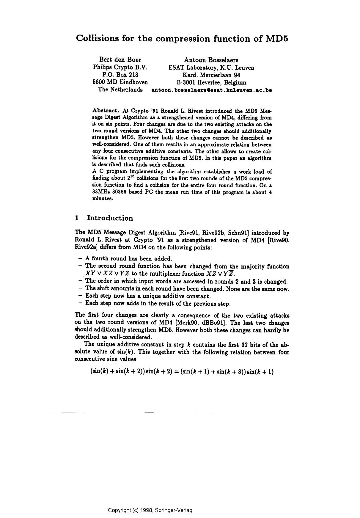 Collisions for the compression function of MD-5
