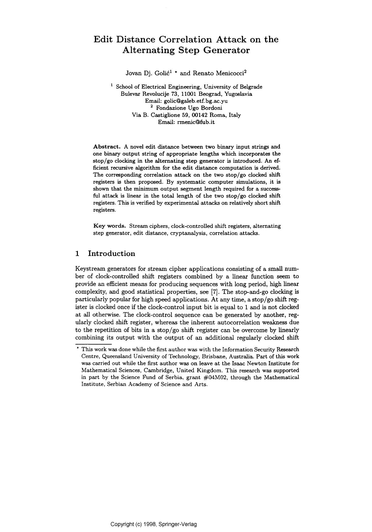 Edit Distance Correlation Attack on the Alternating Step Generator