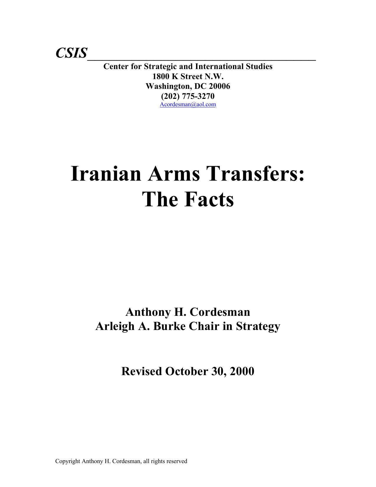 Iranian Arms Transfers: The Facts - October 30, 2000