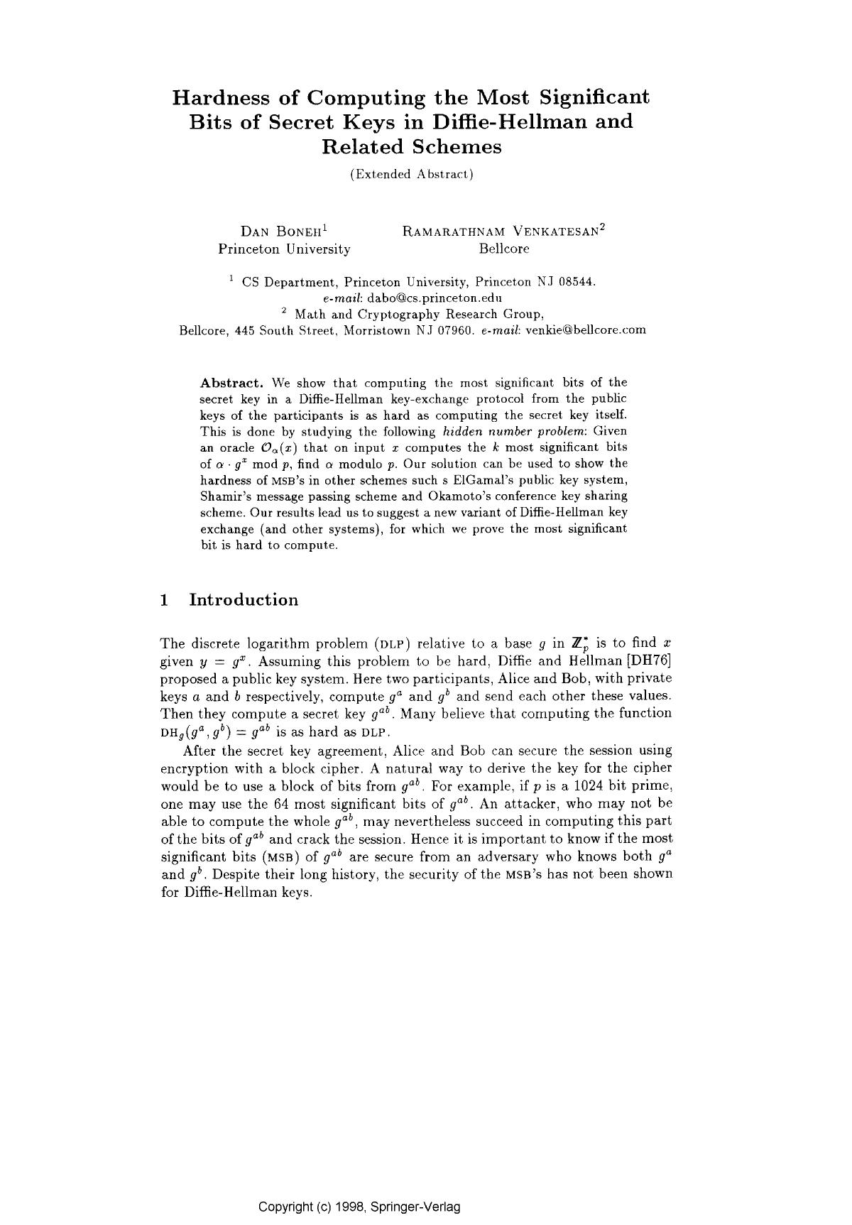 Hardness of Computing the Most Significant Bits of Secret Keys in Diffie-Hellman and Related Schemes