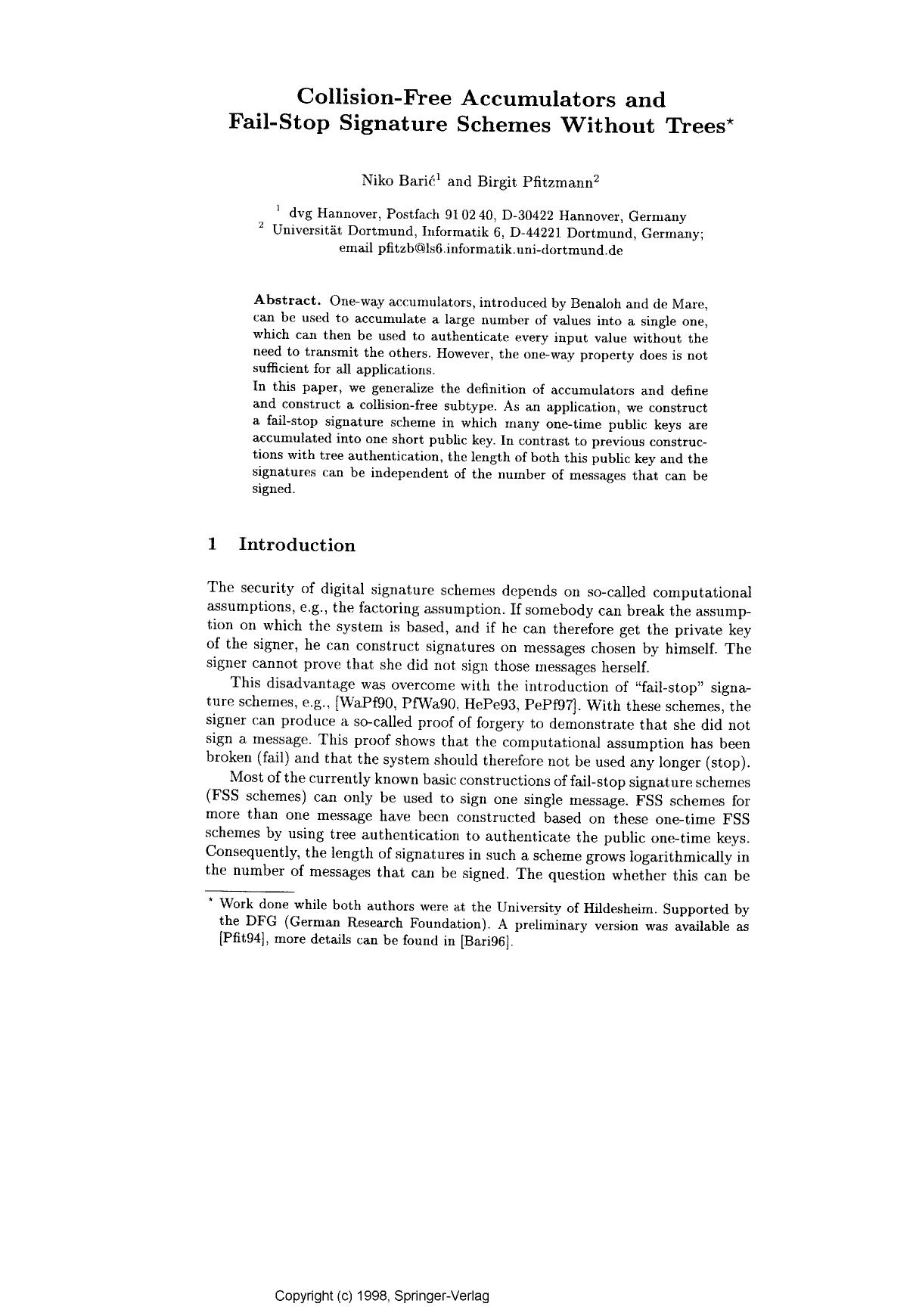 Collision-Free Accumulators and Fail-Stop Signature Schemes Without Trees