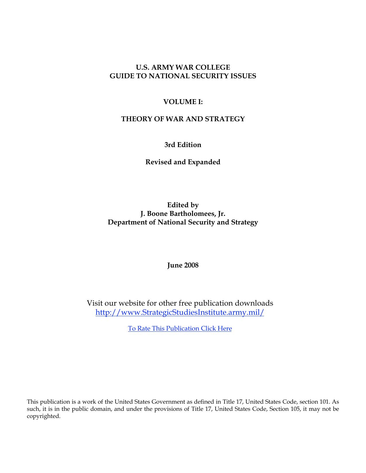 USAWC Guide to National Security Issues, Vol I: Theory of War and Strategy