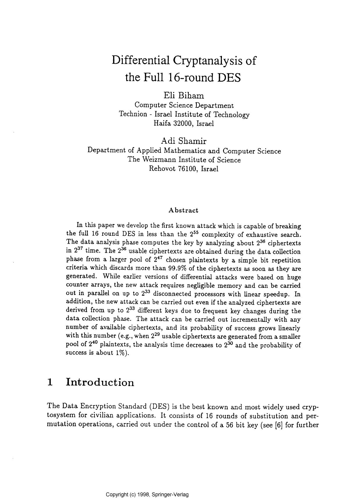 Differential cryptanalysis of the full 16-round DES