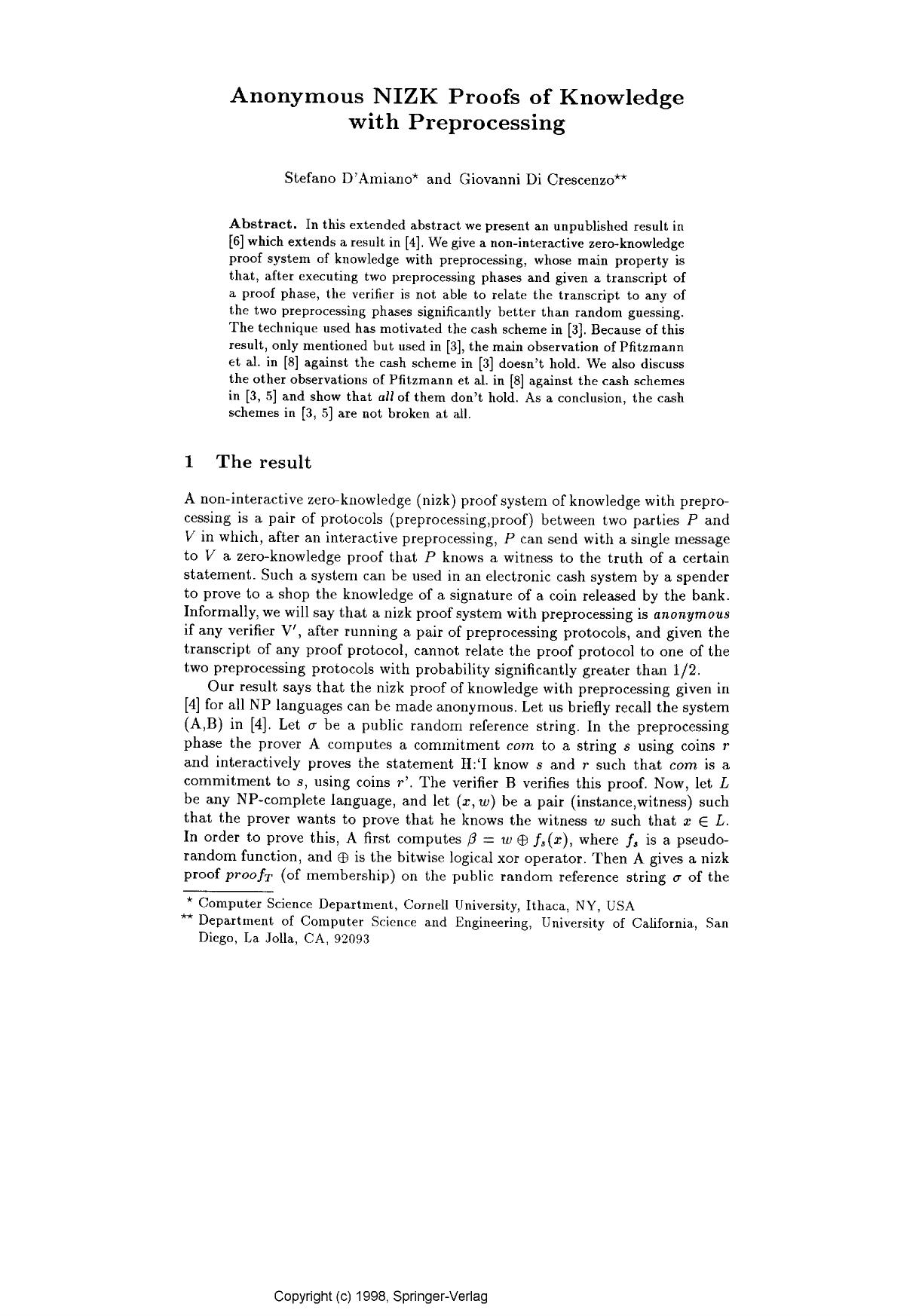 Anonymous NIZK proofs of knowledge with preprocessing