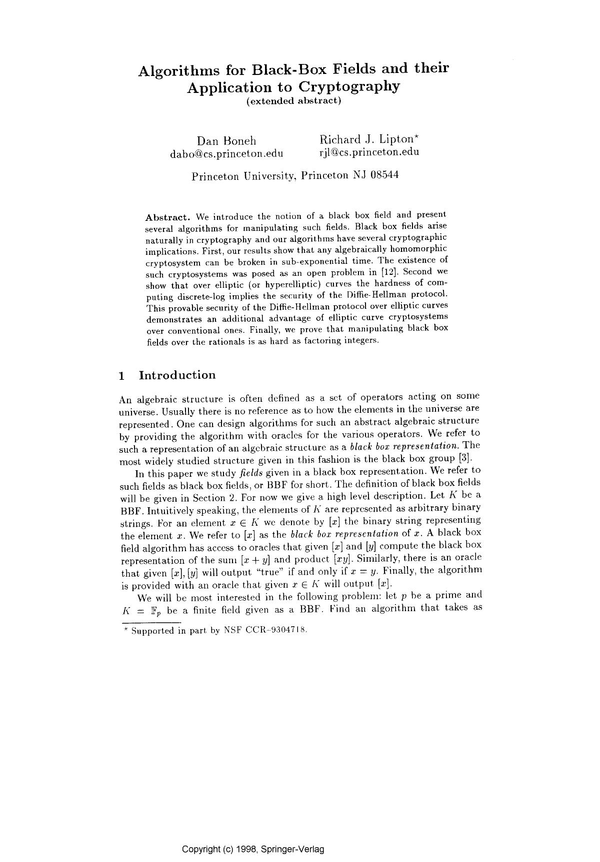 Algorithms for Black-Box Fields and Their Application to Cryptography