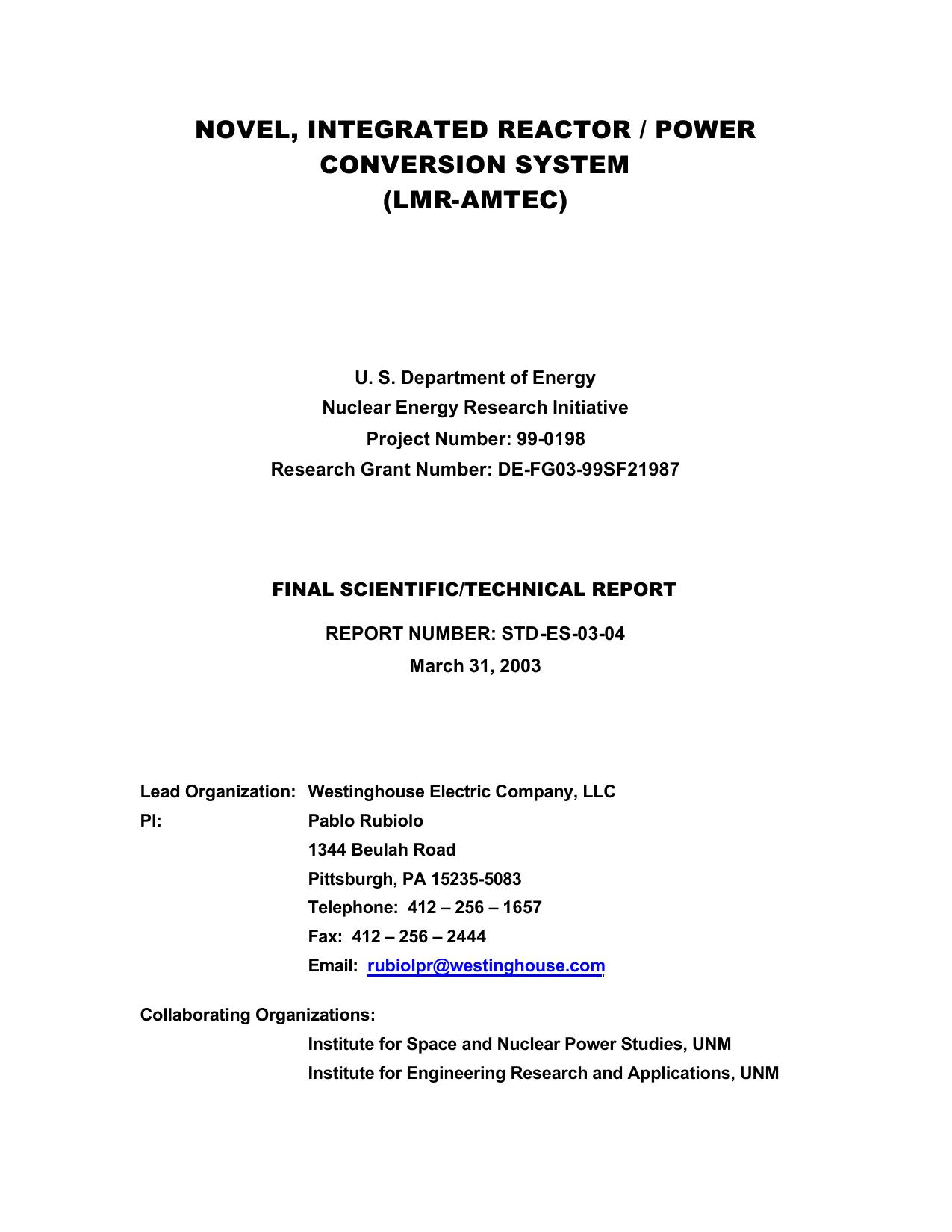 Novel, Integrated Reactor / Power Conversion System (LMR-AMTEC)