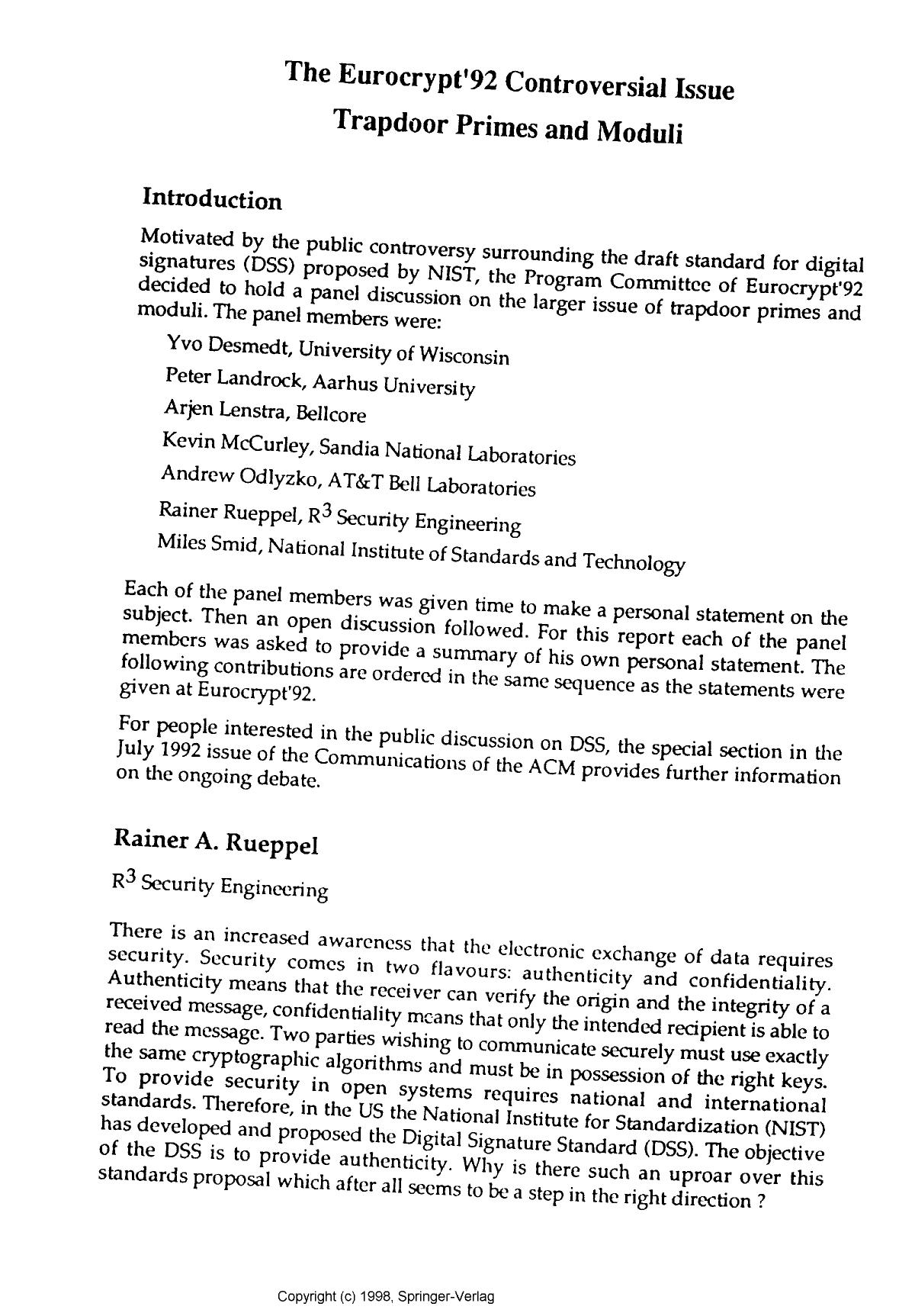The Eurocrypt '92 Controversial Issue