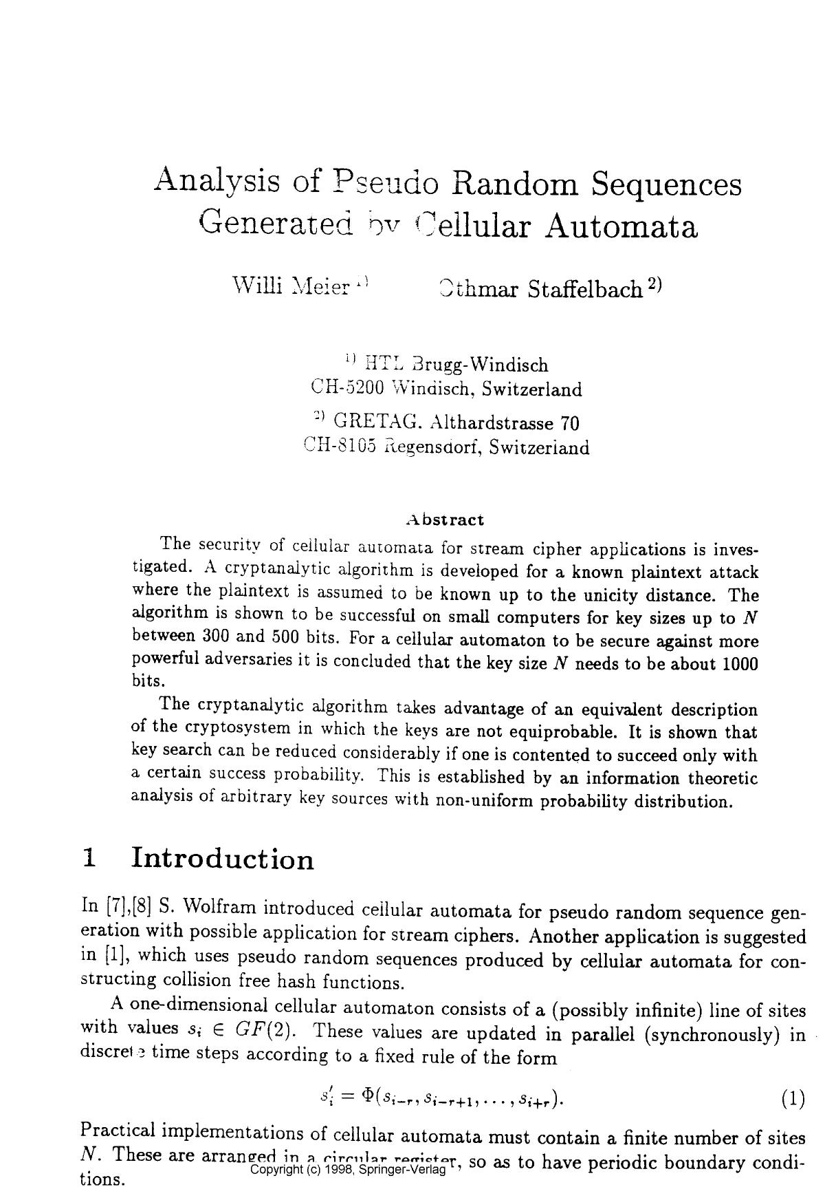 Analysis of pseudo random sequences generated by cellular automata