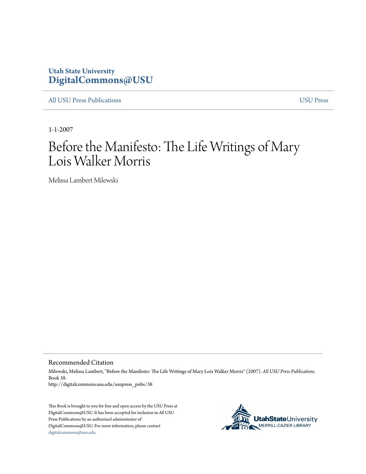 Before the Manifesto: The Life Writings of Mary Lois Walker Morris