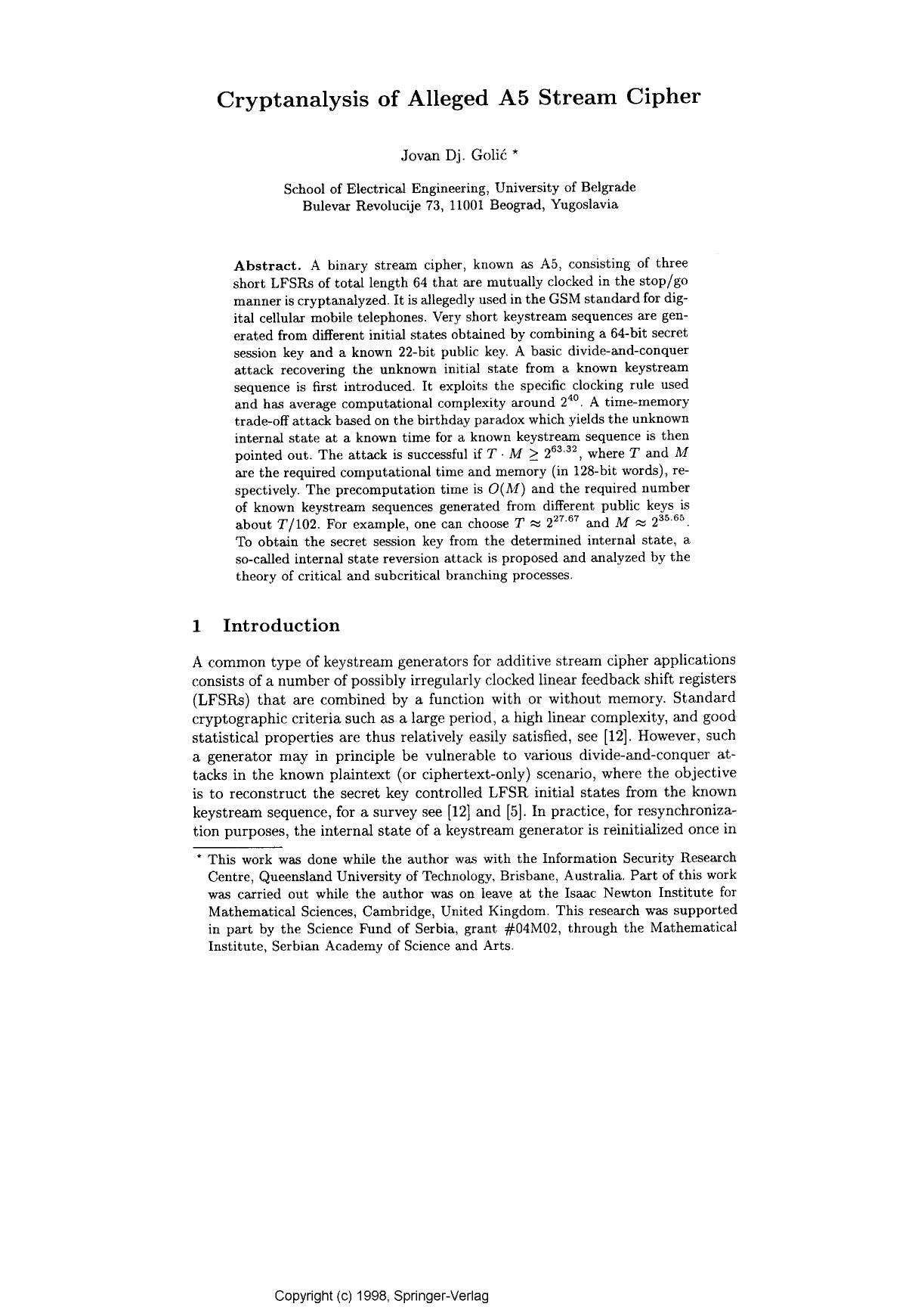 Cryptanalysis of Alleged A5 Stream Cipher